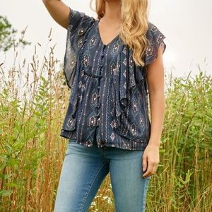 Haute Hippie Tribe 'Karen' Printed Flutter-Sleeve Blouse